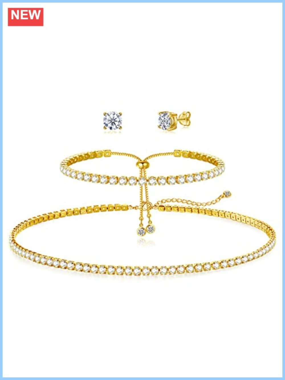 Gold Plated Rhinestone Tennis Necklace Bracelet Set Hypoallergenic Wedding